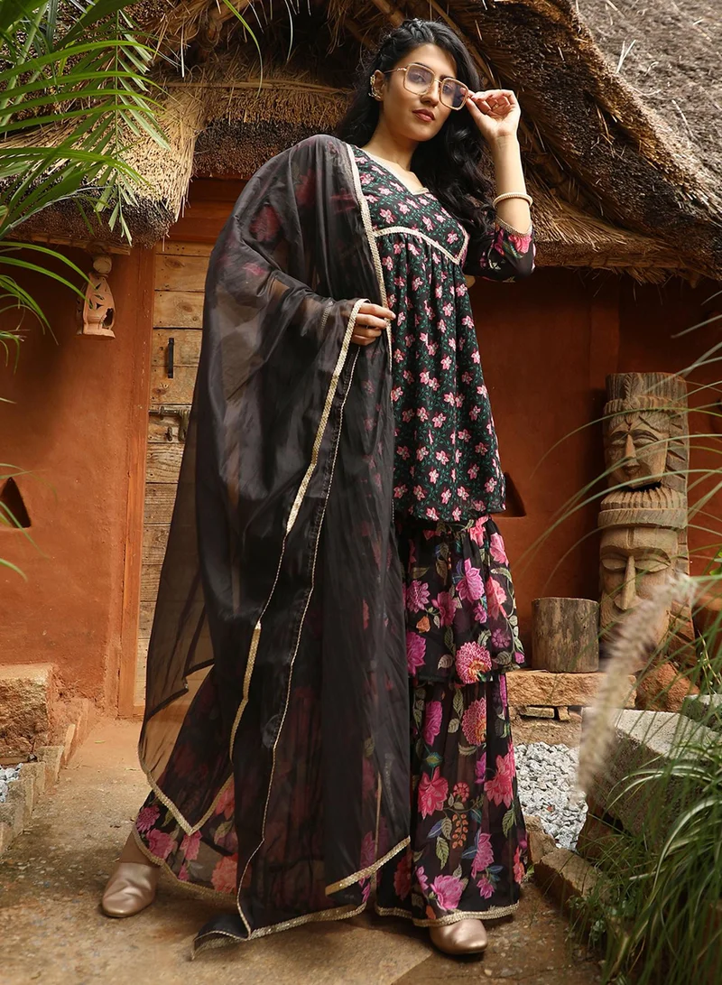 QISSA Women's Midnight Black Floral Kurti And Sharara Set For Casual Wear | V-Neck | Quarter Sleeve | 3 Piece Kurta Set Designed With Comfort Fit For Everyday Ethnic Wear